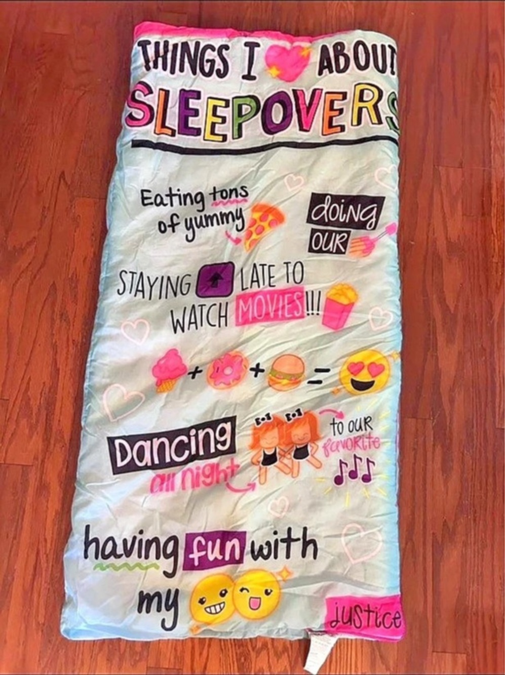 Justice Things I Love About Sleepovers Sleeping Bag Blue & Pink